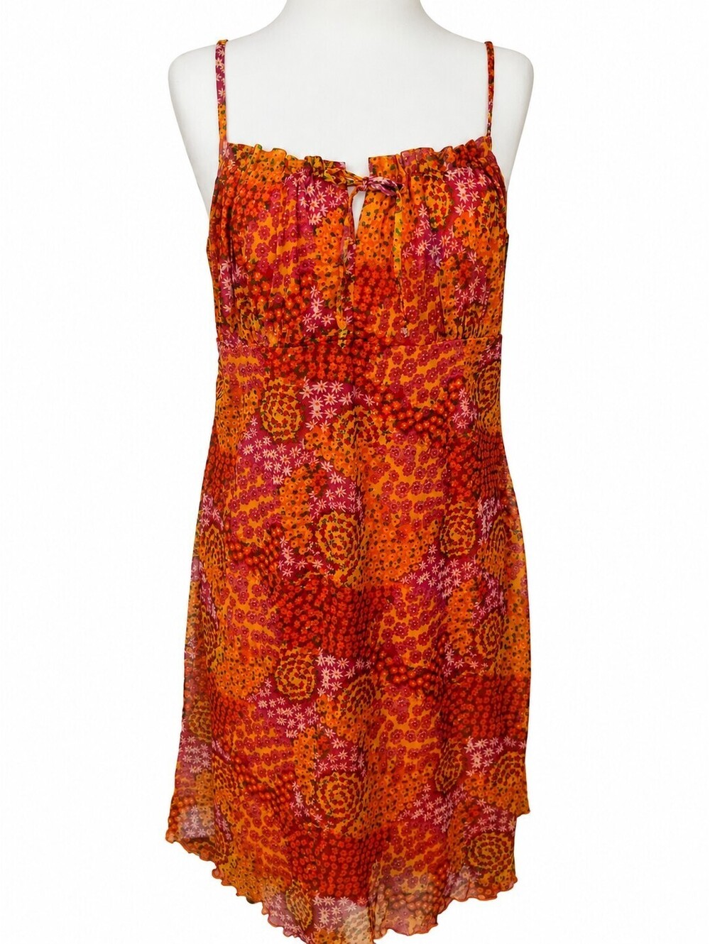 Y2K California Comcepts Orange Floral Dress Jr Lg Boho Milkmaid Spaghetti Straps